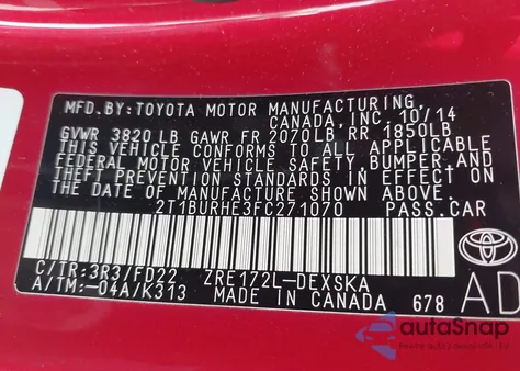 2015 Toyota Corolla S Plus from USA, damaged, VIN 2T1BURHE3FC271070